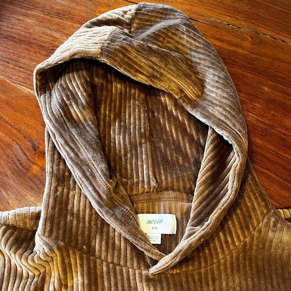 Aerie, cropped ribbed hooded sweater, golden brown, size Medium